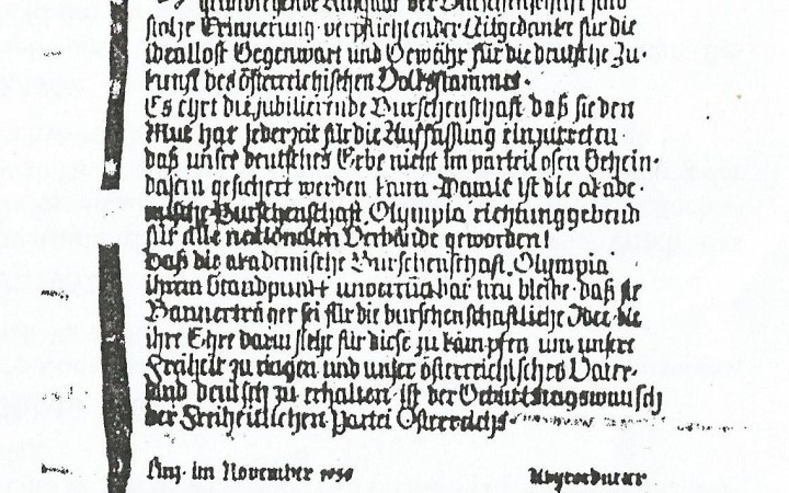 Beziehungsarbeit: Glückwunschschreiben Friedrich Peters zum 100-jährigen Bestandsjubiläum der Burschenschaft Olympia, Faksimile aus der Verbindungschronik von 1996
