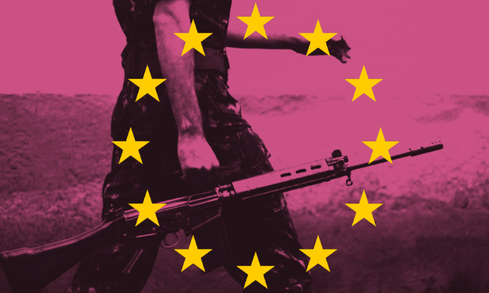 Person mit Waffe und EU-Sterne-Overlay