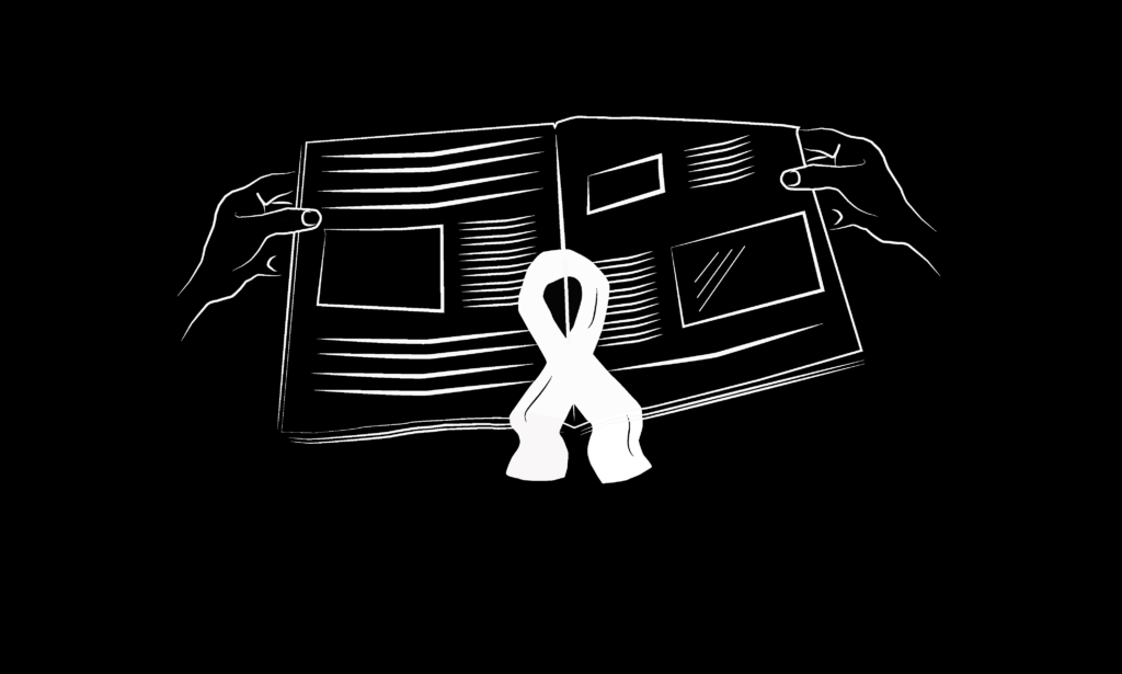Illustration einer Zeitung und des Symbols gegen Gewalt an Frauen