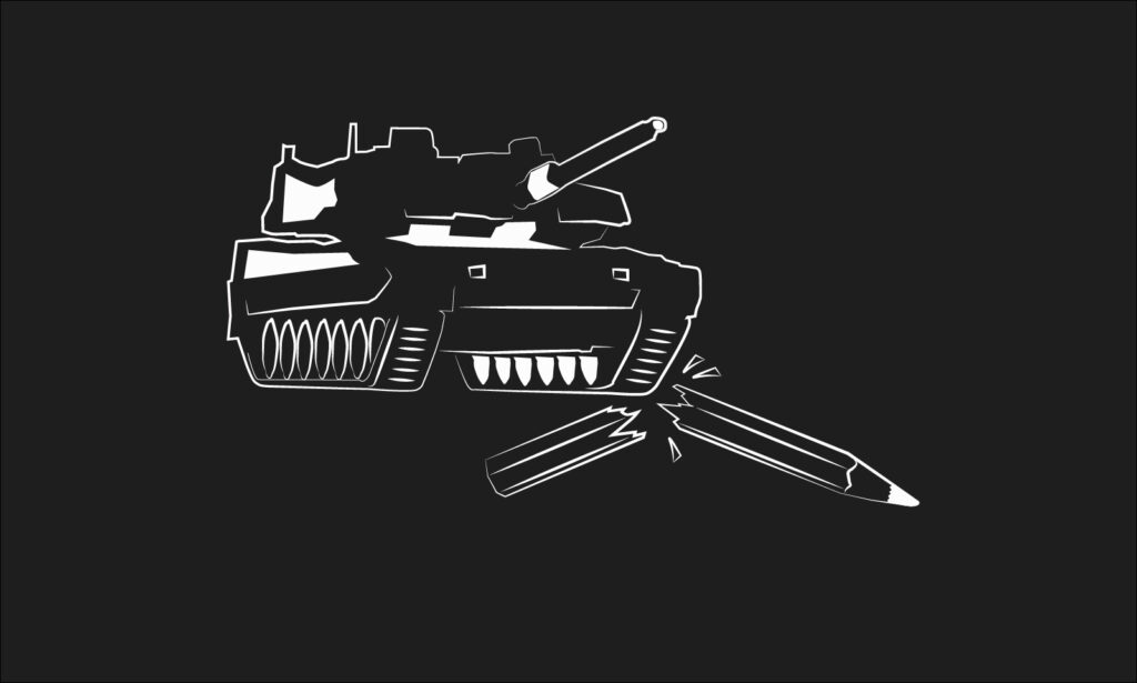 Illustration eines Panzers der über einen Bleistift fährt