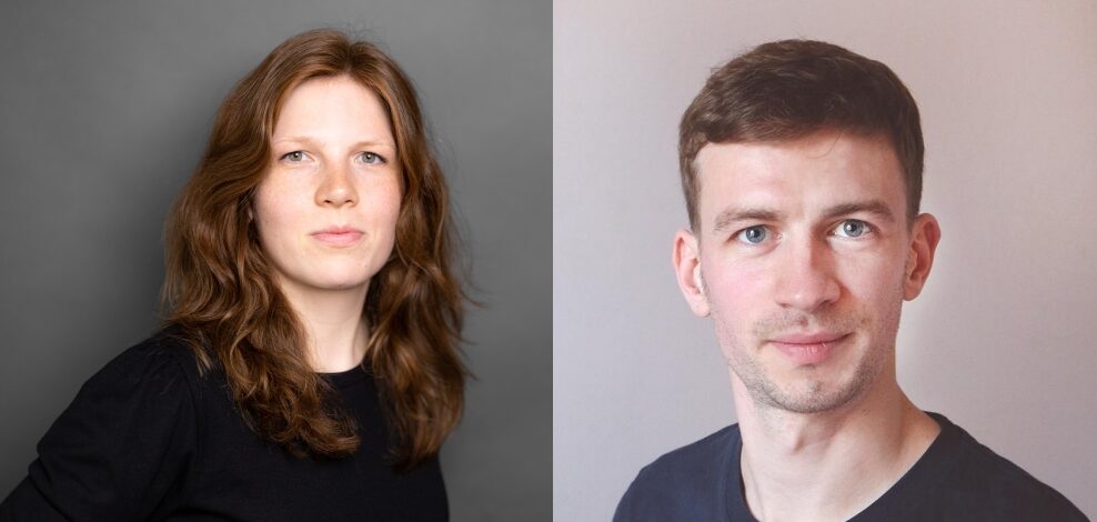 Das Bild zeigt die beiden Portraits der Podcaster*innen Viktoria Kamuf und Johann Braun nebeneinander.