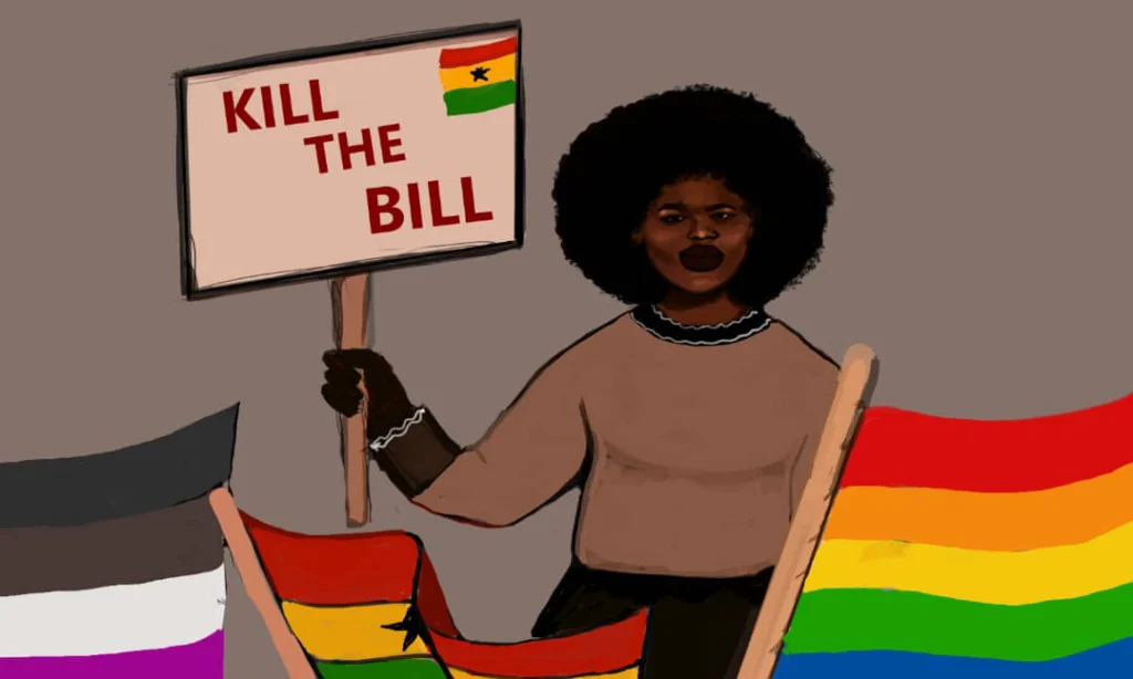 Eine Illustration einer Person, die zwischen Pride Flaggen und der ghanaischen Falgge steht. Sie hält ein Schild mit der Aufschrift "kill the bill".