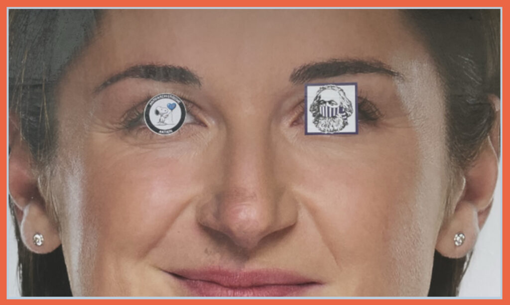 Ein Plakat von Marlene Svazek, Kandidatin als Salzburger Landeshauptfrau, mit linken Aufklebern auf den Augen