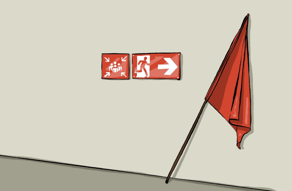 llustration einer roten Fahne die, neben Flucht- und Sammelpunktschildern, an einer Wand lehnt.